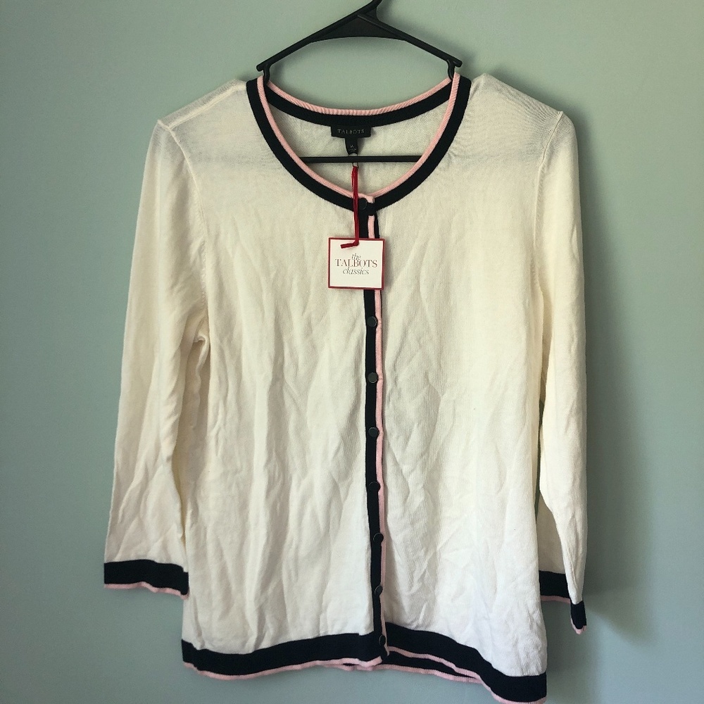 NWT Talbots Tricolor Tipping Trim Cardigan Cream Navy Pink